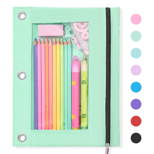 SUNEE Pencil Pouch for 3-Ring Binder, Large Pencil Case with 3 Reinforced Grommets, Zipper Pencil Pouch, Clear Window Pencil Case, Binder Accessories, Light Green - color: Light Green