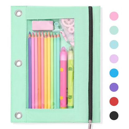 SUNEE Pencil Pouch for 3-Ring Binder, Large Pencil Case with 3 Reinforced Grommets, Zipper Pencil Pouch, Clear Window Pencil Case, Binder Accessories, Light Green - color: Light Green