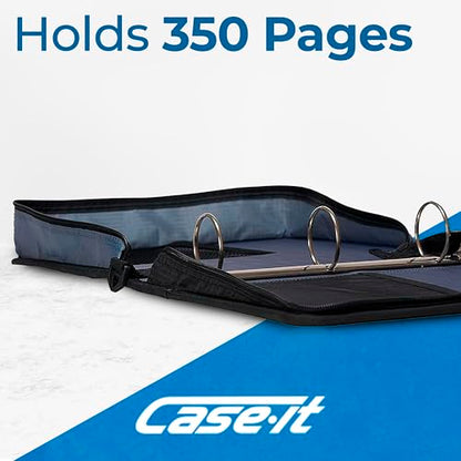 Case-it Classic Zipper Binder | 2-Inch O-Rings, 350 Sheet Capacity, Multiple Storage Pockets & Shoulder Strap | School & Office Organizer | D-251 Black