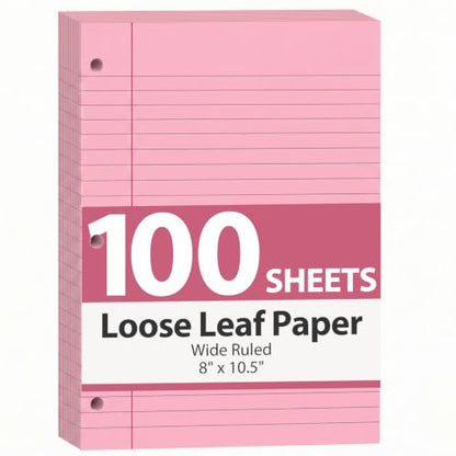 HIBOX Loose Leaf Paper Wide Ruled, 100 Sheets 8"x10.5" 3-Hole Punch, Pink | Anti-Bleed, 11/32" Spacing, Filler Paper for Binders, College, Office, School Supplies, Back to School & Classroom Must Haves - color: pink