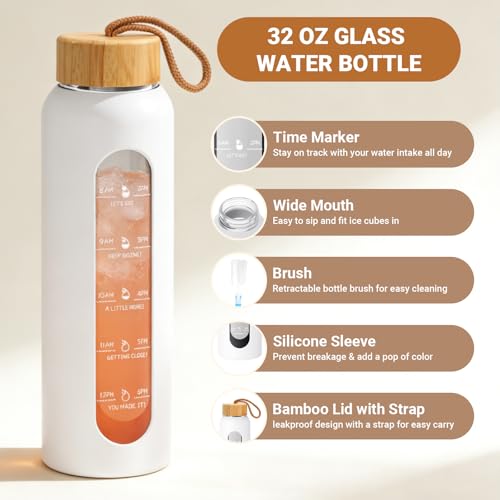Sursip 32 oz Glass Water Bottle, Time Marker with Silicone Sleeve & Lid | 1 Liter BPA-Free Motivational Bottle, Leak-Proof Dishwasher Safe - color: Copper