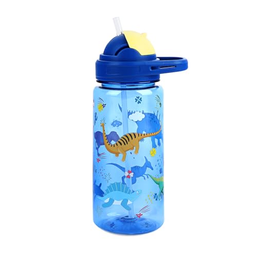 Kids Water Bottle with Flip-Up Straw and Carry Handle for School/Sports/Daycare/Travel, Plastic, Lightweight, Leak-Proof Durable Plastic Drinking Cup for Girls Boys Toddlers 20oz (Dinosaurs) - color: Blue Dinosaurs, size: 20.3 Ounces