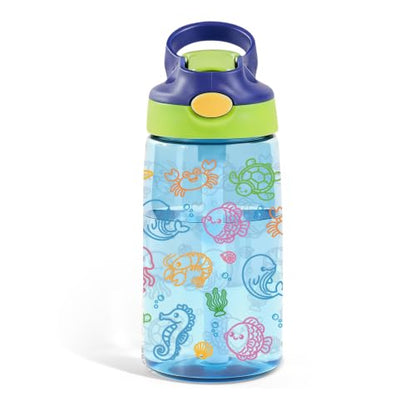 Sea Animals Gifts 14oz Kid Water Bottle with Straw - Leakproof BPA-Free Plastic Pop-Up Spout, Reusable Leak Proof Travel Bottle for Outdoor Sports - color: Ocean1