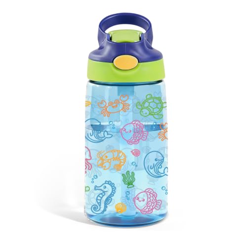 Sea Animals Gifts 14oz Kid Water Bottle with Straw - Leakproof BPA-Free Plastic Pop-Up Spout, Reusable Leak Proof Travel Bottle for Outdoor Sports - color: Ocean1