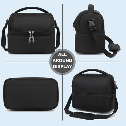 FlowFly Double Decker Cooler Insulated Lunch Bag Large Tote for Boys, Girls, Men, Women, With Adjustable Strap,Black - color: Black