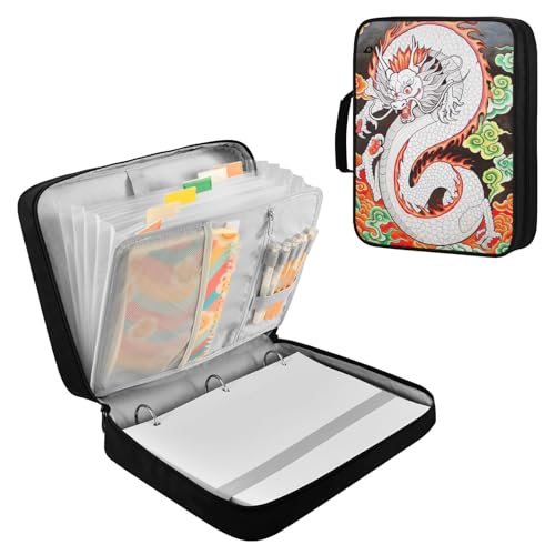 3-Hole Ring Binder Bag with 7-Pocket Accordion Index White Dragon Document Case with Elastic Pen Loops Organizer