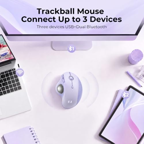 seenda Wireless Trackball Mouse, Ergonomic Bluetooth Rollerball Mouse Rechargeable, 3 Device Connection Optical Mice Adjustable DPI Thumb Control Mice Compatible for PC/Laptop/Windows - Light Purple - color: Light Purple