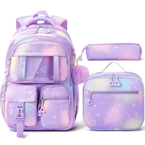 Fimibuke Kids Backpack for School Girls, 3Pcs Waterproof Girls Backpack with Lunch Box & Pencil Pouch - Lightweight Bookbag for Elementary Middle School Student Teens Ages 6+ Purple - color: A2.Diamond Purple