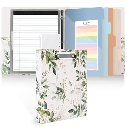 SKYDUE 1 Inch 3-Ring Binder with Clipboard, PU Aesthetic Binder with 5 Dividers, Notepad, Stickers & Pockets for Work and School (Letter Size) - color: Green Leaves