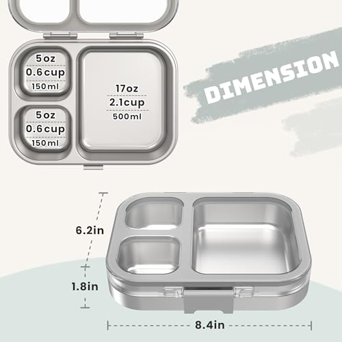 LOHASOK Kids Stainless Steel Lunch Bento Box BPA-Free Leak-Proof Tritan Lid 304 Metal Food Container with 3 Compartments for Girls Boys School Grey - color: Gray, size: 27oz/800ml