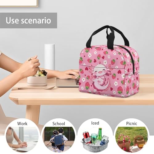 Kawaii Axolotl Lunch Box for Girls Portable Leakproof Kids Lunch Box Multifunctional Large Thermal Cooler Bag for School Camping Picnic - color: Kawaii Axolotl Strawberry