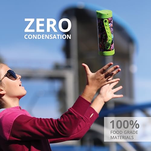 Elemental Iconic Kids Water Bottle with Straw Lid & Stress Relief Pop It Handle, Leak-Proof When Closed, Triple Insulated Kids Stainless Steel Water Bottle For Girls and Boys, 14oz -Green Splatter - color: Green Paint Splatter, size: 14 Ounces