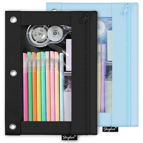 3 Ring Pencil Pouch for Binder, Zipper Pencil Case with Clear Window, Durable Binder Pencil Pouch for School Supplies, Fits Standard 3 Ring Binders, Organizer for Students, Teachers & Office Use - color: Blue&black