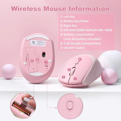 YUNZII C2 Wireless Mouse,2.4GHz Cute Silicone Noiseless Wireless Computer Mouse, Quiet Clicks, 3 Adjustable DPI, 1600 DPI Optical Tracking, Portable Ergonomic Mice for Laptop/PC/Mac (Pink) - color: Pink