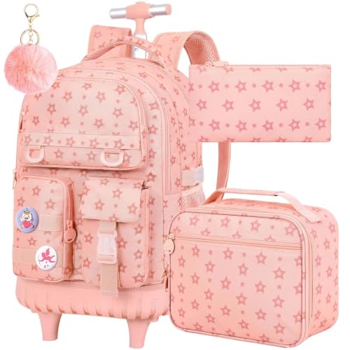 CCJPX Rolling Backpack for Girls, 3Pcs Roller Wheeled School Bookbag, Star Wheels Backpacks with Lunch Box for Kids (Pink) - color: Star Pink