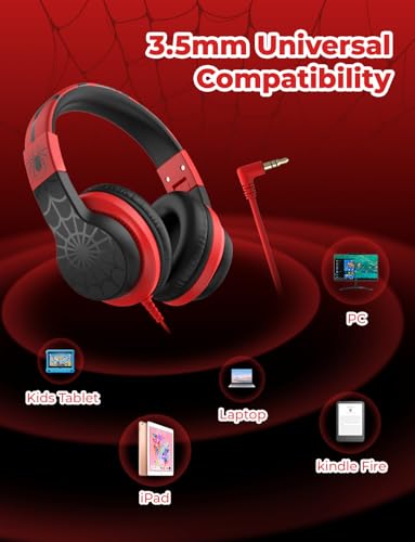 iClever HS19 Kids Headphones for School with Microphone, Safe Volume Limiter 74/85dBA, Over-Ear Girls Boys Headphones for Kids with FunShare Foldable Wired for iPad/Travel (Spider Black) - color: Black Spider