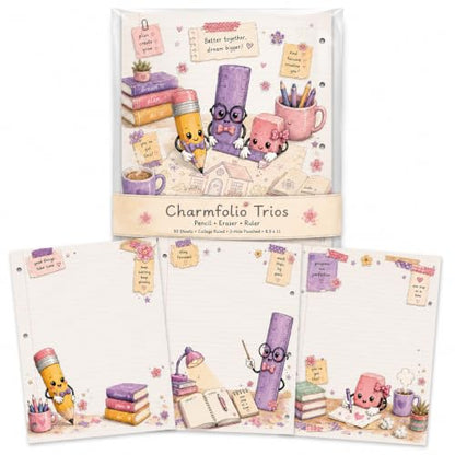 Charmfolio Trios Pencil Eraser Ruler Binder Paper, 90-Sheet Cute Writing Paper Set, 8.5 x 11 College Ruled, 3-Hole Punched Loose Leaf Paper, Premium 24 lb Stationery for Back to School, Besties, BFF