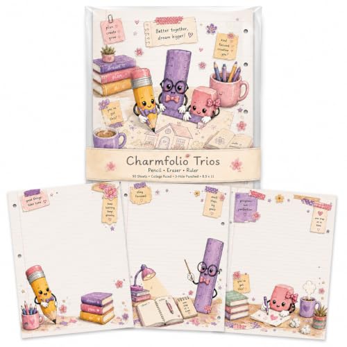 Charmfolio Trios Pencil Eraser Ruler Binder Paper, 90-Sheet Cute Writing Paper Set, 8.5 x 11 College Ruled, 3-Hole Punched Loose Leaf Paper, Premium 24 lb Stationery for Back to School, Besties, BFF