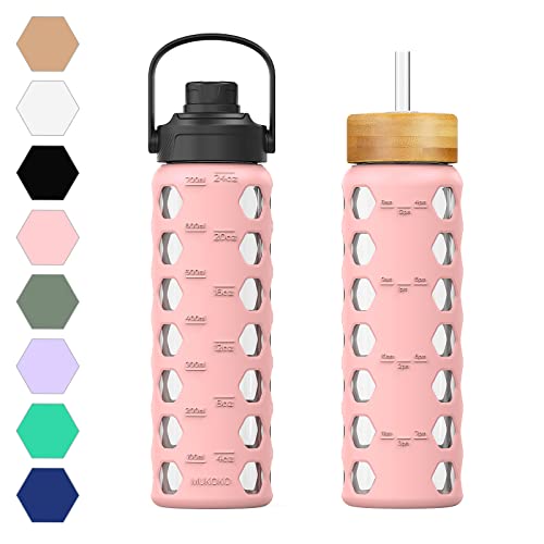 MUKOKO 24oz Glass Water Bottle, Pink | Glass Tumbler with Straw, Drinking Bottles with 2 Lids-Handle Spout Lid & Bamboo Straw Lid, Silicone Sleeve, 1 Pack - color: Pink, size: 24 Ounces