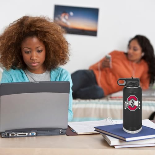 Ohio State University 32oz Stainless Steel Double Walled Black Beverage Bottle with Flip Straw Spout - College Gear for Playoff Season – For Office, Home or Auto – Show your Buckeye Pride - style: Ohio State / Black