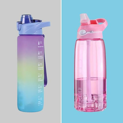 DEARART 2-Pack 32oz Purple-Mix and Pink Water Bottle, Detachable Straw Wide Mouth Motivational & Time Marker with Handle Easy Carried, Flip Up Lid Lock Feature