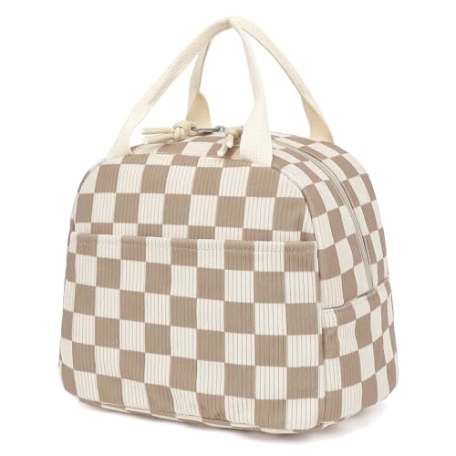Corduroy Lunch Box for Women Girls, Cooler Lunch Bags Reusable Insulated Lunchbox for Picnic School Work Travel (Checkered Brown) - color: Corduroy Checkered Brown