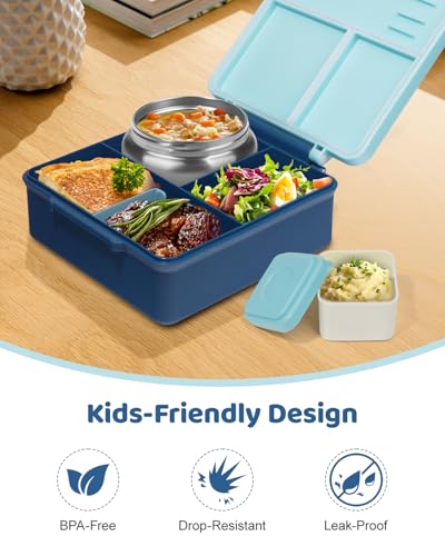 SOHIDA Bento Box with 10oz Soup Thermo: Kids Leakproof Lunch Box with 3 Compartments - Dishwasher Safe and BPA-Free - Vacuum Insulated Food Jar Suitable for Kids Back to School, Travel-Blue - color: Blue