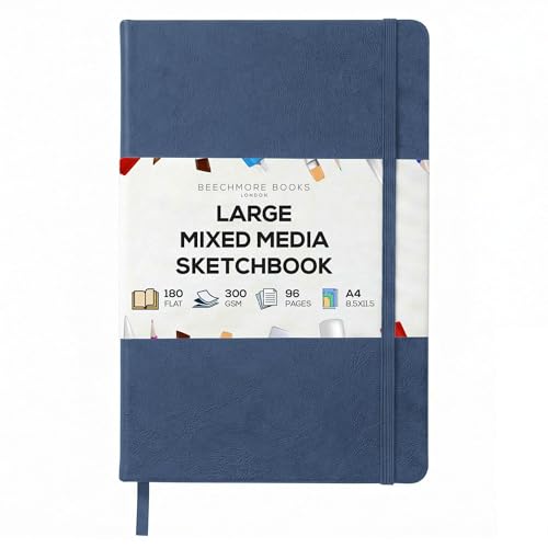 Beechmore Books Heavyweight Mixed Media Sketchbook - A4 8.5x11 300 GSM 48 Pages, Hardcover Lay-Flat Professional Journal for Painting, Acrylics and Wet Media - color: Symphony Blue, size: A4 - 8.5" x 11.5" Large