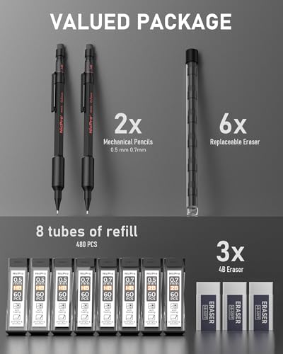 Nicpro 0.5 mm & 0.7 mm Mechanical Pencil Set with Case, MP2000 Metal Artist Mechanical Pencil With 6 Tube HB 2B Lead Refills, Eraser, Weatherproof Barrel for Outdoor Writing Drafting Sketching - size: 0.5mm & 0.7mm