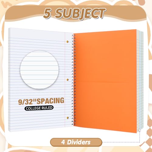Fulmoon 10 Pcs 5 Subject Notebook Spiral Notebooks for School Office Hardcover Spiral Lined Notebook for Work, 240 Pages/ 120 Sheets, 8 x 10-1/2", 3 Hole Punched, 4 Removable Dividers (9/32 inch) - size: 9/ 32 inch