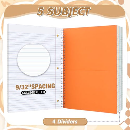 Fulmoon 10 Pcs 5 Subject Notebook Spiral Notebooks for School Office Hardcover Spiral Lined Notebook for Work, 240 Pages/ 120 Sheets, 8 x 10-1/2", 3 Hole Punched, 4 Removable Dividers (9/32 inch) - size: 9/ 32 inch
