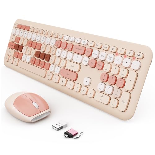 Wireless Keyboard and Mouse Combo, Cute Brown Retro Typewriter Keyboard with Number Pad, 2.4GHz USB Receiver + Type-C Adapter, Plug and Play for Laptop, Desktop, PC, Chromebook - color: Brown