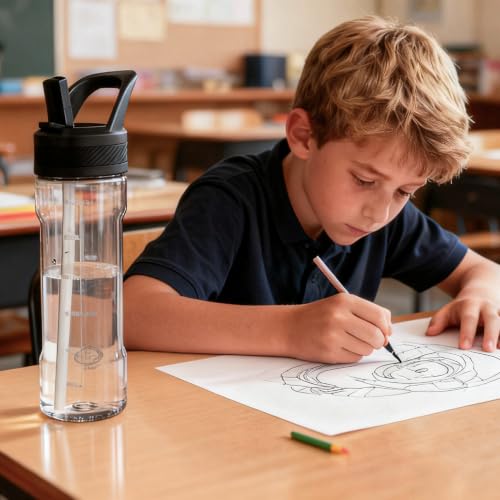 OLDLEY 20oz Kids Water Bottle with Straw, BPA-Free Tritan Water Bottle for School, Leakproof Clear Water Bottle with One Click Open, Measurement Scale, Cup Holder Friendly for Boys Girls,Clear - color: A-Clear