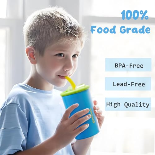 Gencywe® 2 PACK Kids Double Walled Stainless Steel Cups with Straws and lids | 12 oz Spill-Proof Sippy Smoothie Tumbler Set, Small Kids Snack & Drink Water Cups, BPA-Free (Age: 3+ years old & up) - color: Blue