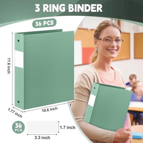 Henoyso 36 Pcs Sage Green 1.5 Inch 3 Ring Plastic Binder Bulk, 1 1/2 Inch Soft Flexible Binders Three Round Rings Fit 8.5x11 Papers for School Office Home File Organization Supplies - color: Sage Green