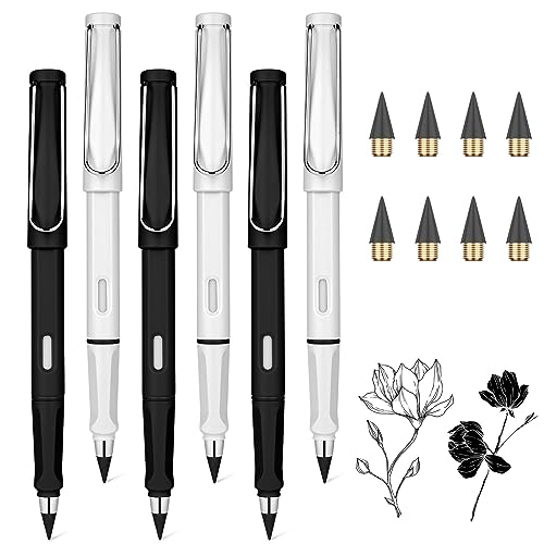 Ainiv Inkless Pencil Forever Pencil, 6 Sets Infinity Pencil Everlasting Pencil with Eraser, Reusable Infinite Pencil with Extra 6 Replaceable Nibs, Endless Pencil for Home Office School Supplies - color: 6 Sets Black and White