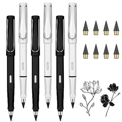 Ainiv Inkless Pencil Forever Pencil, 6 Sets Infinity Pencil Everlasting Pencil with Eraser, Reusable Infinite Pencil with Extra 6 Replaceable Nibs, Endless Pencil for Home Office School Supplies - color: 6 Sets Black and White