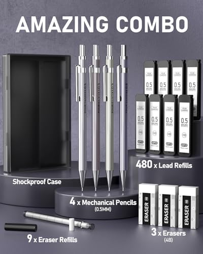 4PCS Metal Mechanical Pencil Set, 0.5mm Fine Point, Pack with Storage Case | 480 Leads, 3 Erasers+9 Refills, For School Writing, Sketching, Art Drawing & Professional Drafting - style: 0.5MM