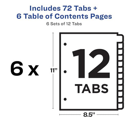 Avery 12 Tab Dividers for 3 Ring Binders, Customizable Table of Contents, Multicolor Tabs, 6 Sets (11196) (Pack of 6) - size: 12 tabs (Pack of 6)