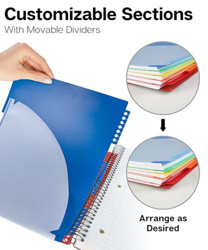 Dunwell 5-Subject Spiral Notebook, College Ruled (Red), Colorful Movable Pocket Dividers with Tabs, Front/Back Plastic Covers, 200 Sheets (400 Pages) of 3-Hole Punch Perforated 8.5x11 Paper - color: Red