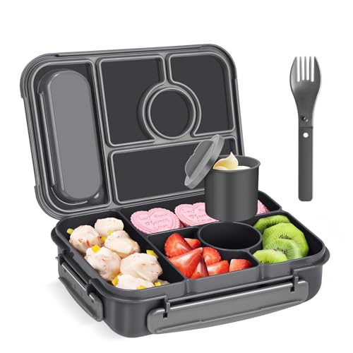 Amathley Bento Box Adult Lunch Box Kids,Lunch Containers for Adults/Kids/Toddler,5 Compartments Bento Lunch Box with Sauce Vontainers,Microwave & Dishwasher & Freezer Safe,BPA-Free (Dark Gray) - color: Dark Gray