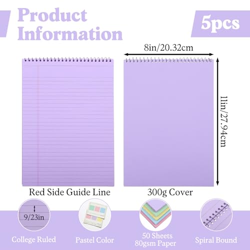Leooomap 5-Pack Pastel Top Spiral Notebooks, 8.5" x 11" College Ruled Aesthetic Legal Pads, 30 Sheets Each, Easy-Tear Perforated Pages for School, Office, Journaling & Note-Taking Supplies
