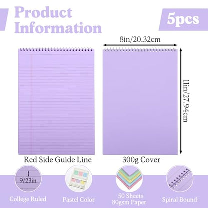 Leooomap 5-Pack Pastel Top Spiral Notebooks, 8.5" x 11" College Ruled Aesthetic Legal Pads, 30 Sheets Each, Easy-Tear Perforated Pages for School, Office, Journaling & Note-Taking Supplies