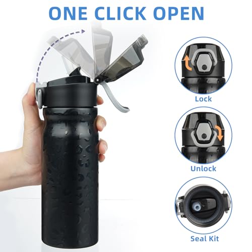 BJPKPK 18oz Insulated Water Bottle with Straw Stainless Steel Double Wall Water Bottles BPA Free Leak Proof Thermal Flask with Lockable Flip Lid and Soft Silicone Spout,Black Leopard - color: A-Black Leopard, size: 18 Ounces