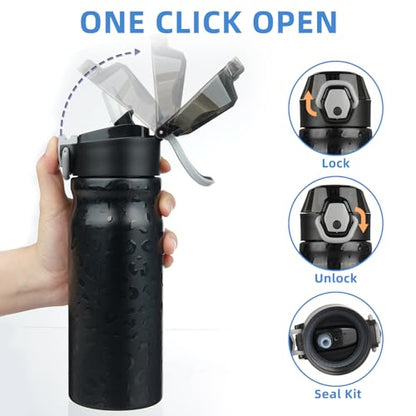 BJPKPK 18oz Insulated Water Bottle with Straw Stainless Steel Double Wall Water Bottles BPA Free Leak Proof Thermal Flask with Lockable Flip Lid and Soft Silicone Spout,Black Leopard - color: A-Black Leopard, size: 18 Ounces