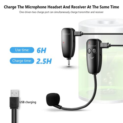 Bietrun Wireless Microphone Headset, UHF Wireless Headset Mic System, 160ft Range,1/8'' and 1/4'' Plug, for Speakers, Voice Amplifier, PA System(Not Supported AUX/iOS)