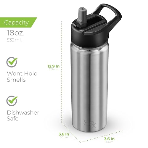 SipX™ 18 oz Insulated Water Bottle with 3 Lids – Leakproof Stainless Steel, Triple Insulated – Cold 24 Hours/Hot 12 Hours – Durable Bottle for School, Gym, Travel – Stainless - color: Stainless, size: 18 Ounces