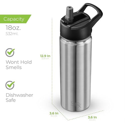 SipX™ 18 oz Insulated Water Bottle with 3 Lids – Leakproof Stainless Steel, Triple Insulated – Cold 24 Hours/Hot 12 Hours – Durable Bottle for School, Gym, Travel – Stainless - color: Stainless, size: 18 Ounces