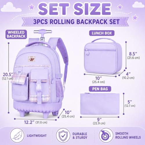 gxtvo 3PCS Girls Rolling Backpack, Women Roller Bookbag with Lunch Box for Adults, Water Resistant Wheeled School Bag for College Teens Kids Travel - Purple - color: 3pcs Set Purple