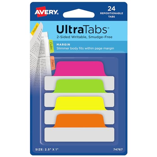 Avery Margin Ultra Tabs, 2.5" x 1", 2-Side Writable, Assorted Neon Color, 24 Repositionable Page Tabs (74767) - color: Assorted Neon, style: 24 tabs